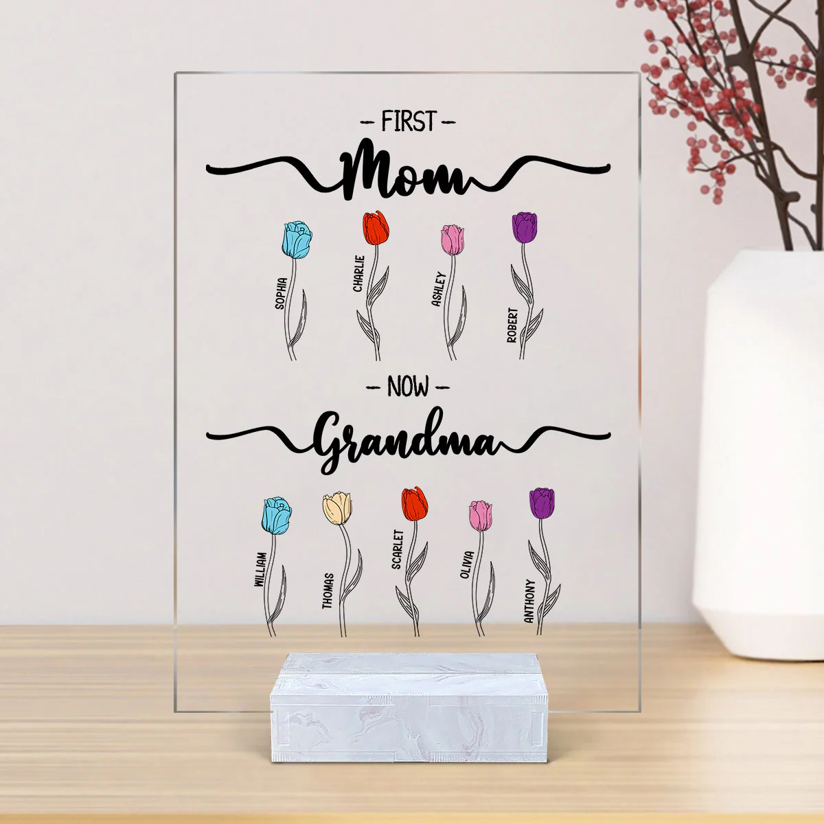 First Mom Now Grandma Tulip Flowers Personalized Acrylic Plaque - Image 5