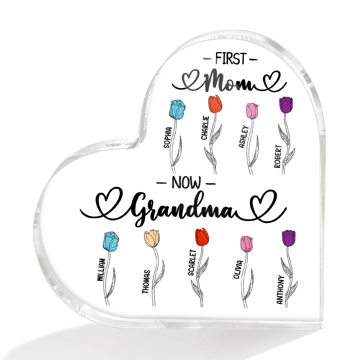 First Mom Now Grandma Tulip Flowers Personalized Heart Acrylic Block Plaque - Image 2