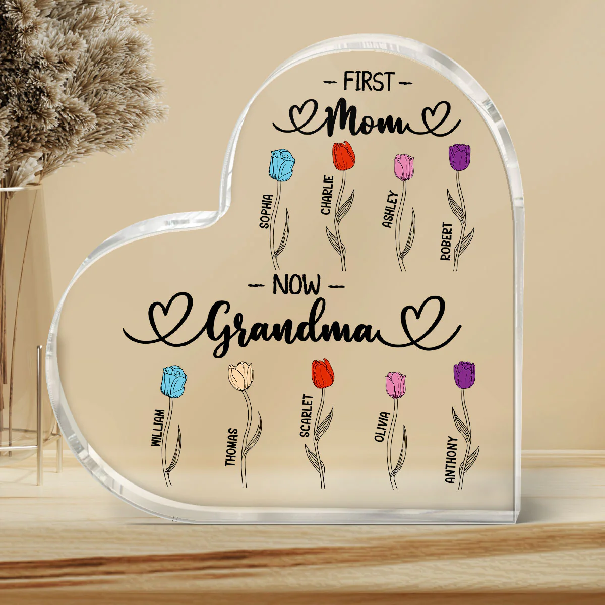 First Mom Now Grandma Tulip Flowers Personalized Heart Acrylic Block Plaque - Image 3