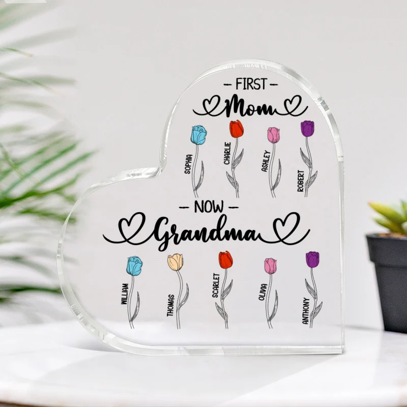 First Mom Now Grandma Tulip Flowers Personalized Heart Acrylic Block Plaque - Image 4