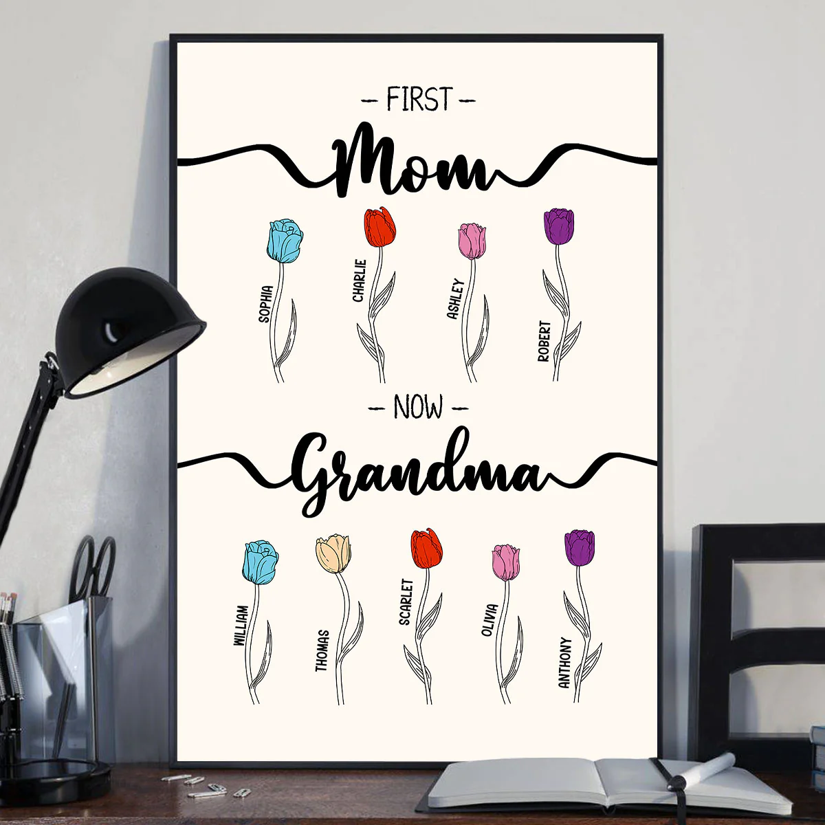 First Mom Now Grandma Tulip Flowers Personalized Vertical Poster - Image 2