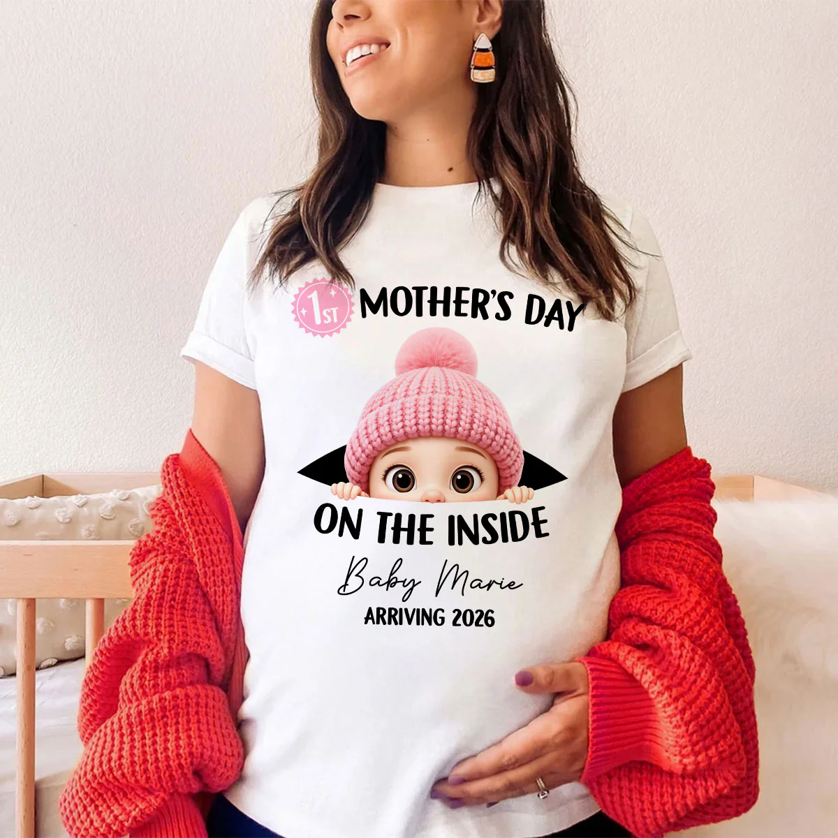 First Mother's Day on the Inside - Personalized Shirt - Baby Arriving Gift, Custom Pregnancy Announcement Tee
