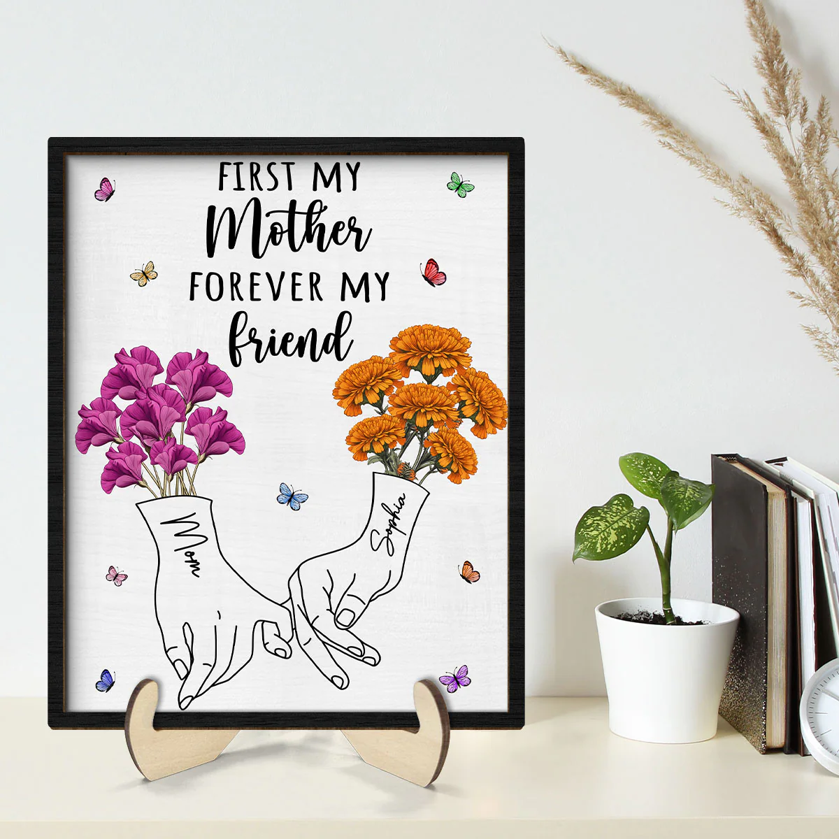 First My Mother Forever My Friend Vintage Birth Month Flowers Gift For Mom 2-Layer Personalized Wooden Plaque - Image 2