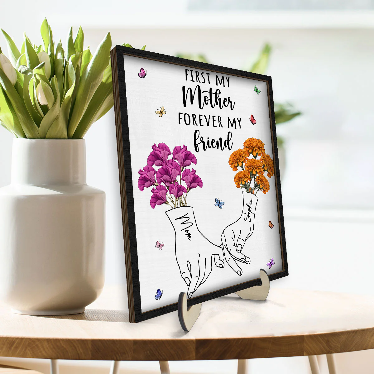 First My Mother Forever My Friend Vintage Birth Month Flowers Gift For Mom 2-Layer Personalized Wooden Plaque - Image 3