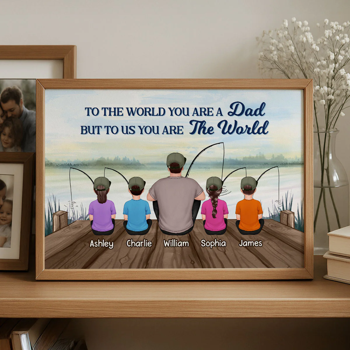 Fishing Back View Dad And Kids Sitting Personalized Horizontal Poster| Heartfelt Father's Day Gift For Dad