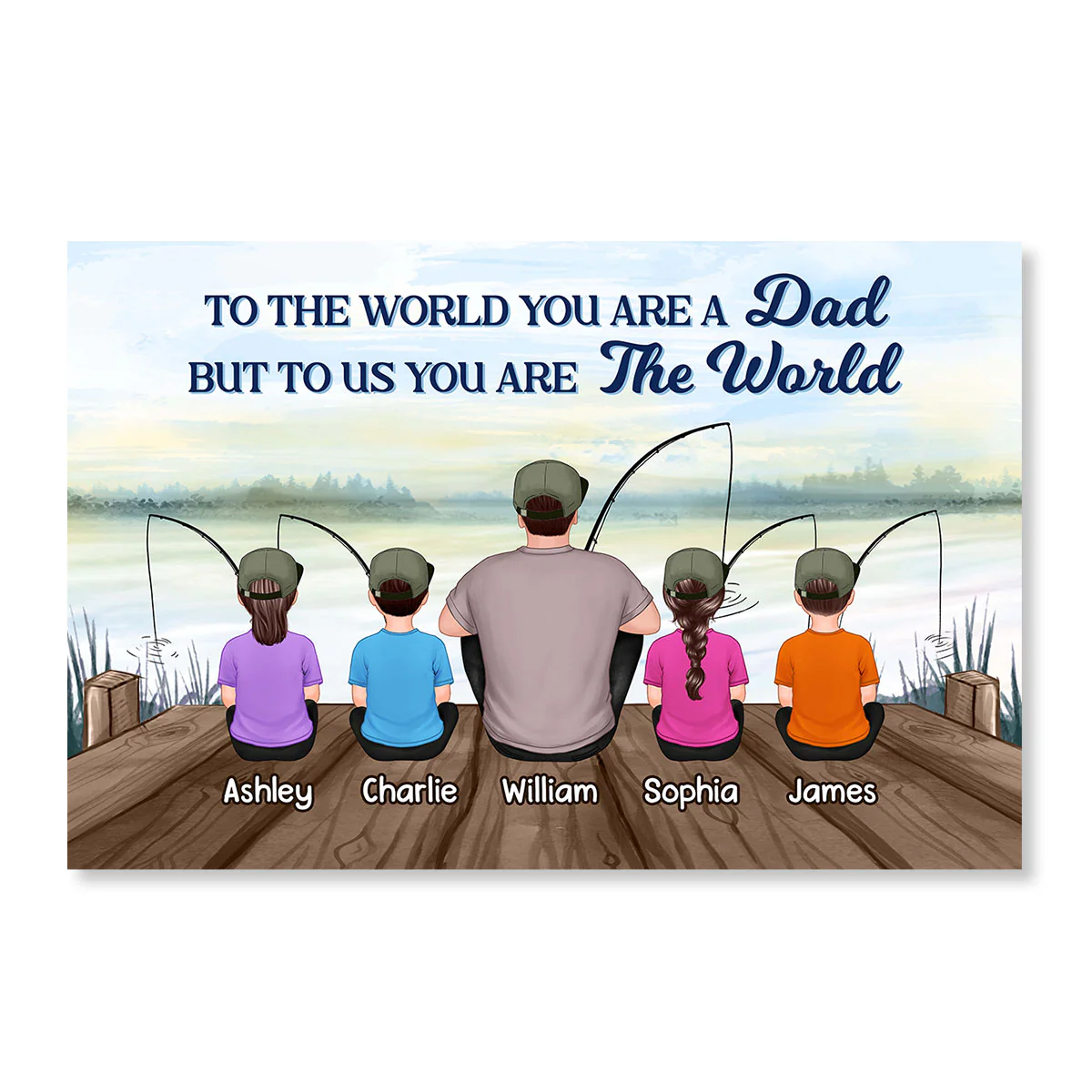 Fishing Back View Dad And Kids Sitting Personalized Horizontal Poster| Heartfelt Father's Day Gift For Dad - Image 3