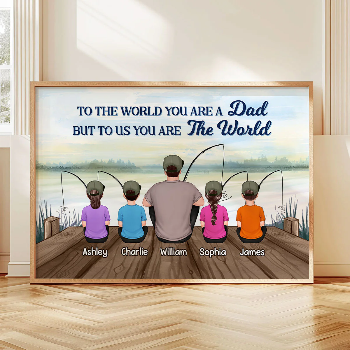 Fishing Back View Dad And Kids Sitting Personalized Horizontal Poster| Heartfelt Father's Day Gift For Dad - Image 6