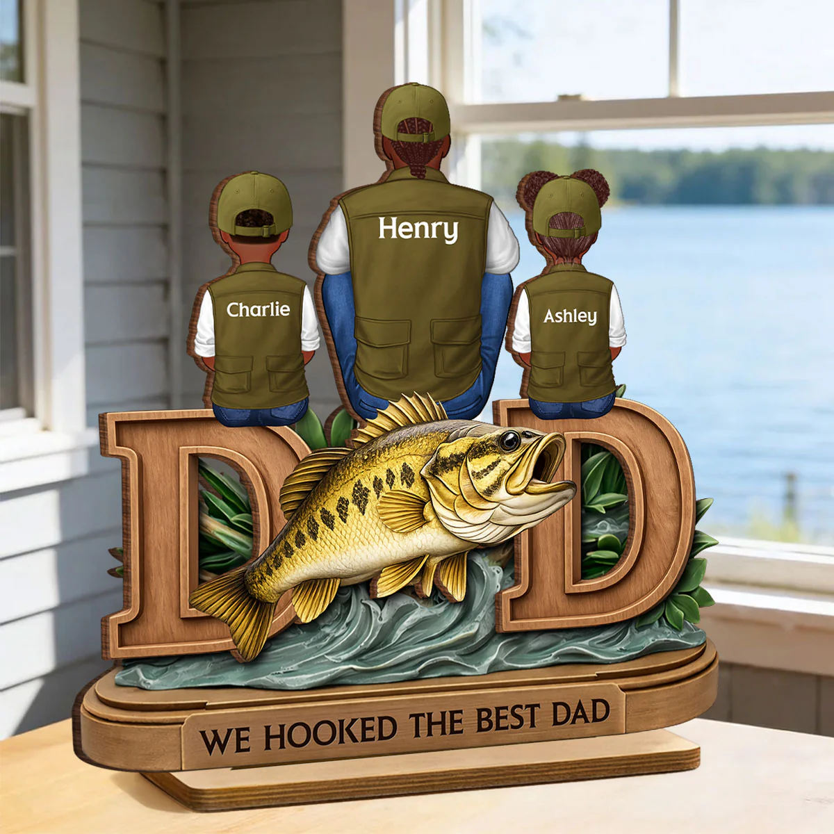 Fishing Dad And Kids Sitting Together - Personalized 2-Layered Wooden Plaque - Heartfelt Gift For Dad, Gift For Husband - Image 5