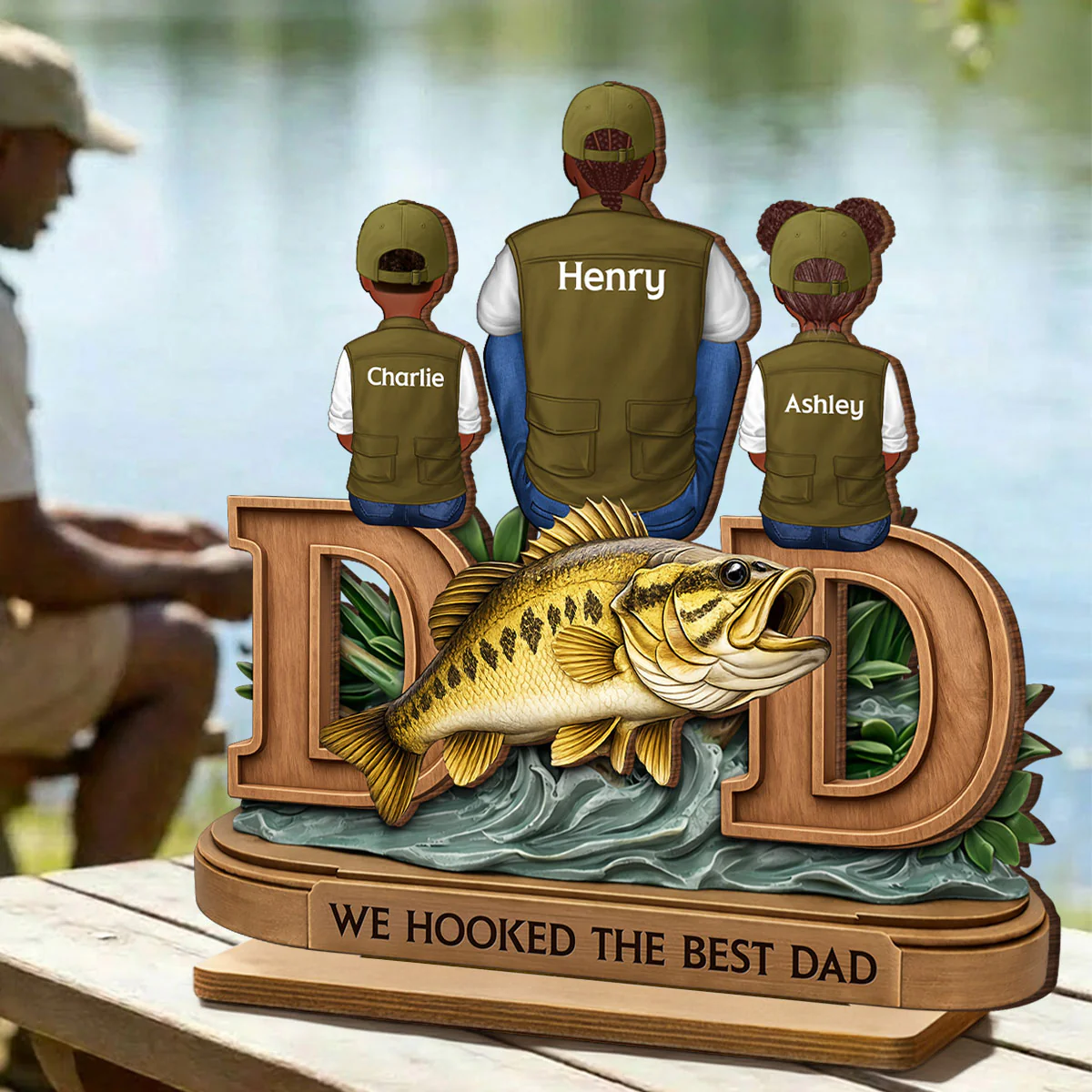 Fishing Dad And Kids Sitting Together - Personalized 2-Layered Wooden Plaque - Heartfelt Gift For Dad, Gift For Husband - Image 7