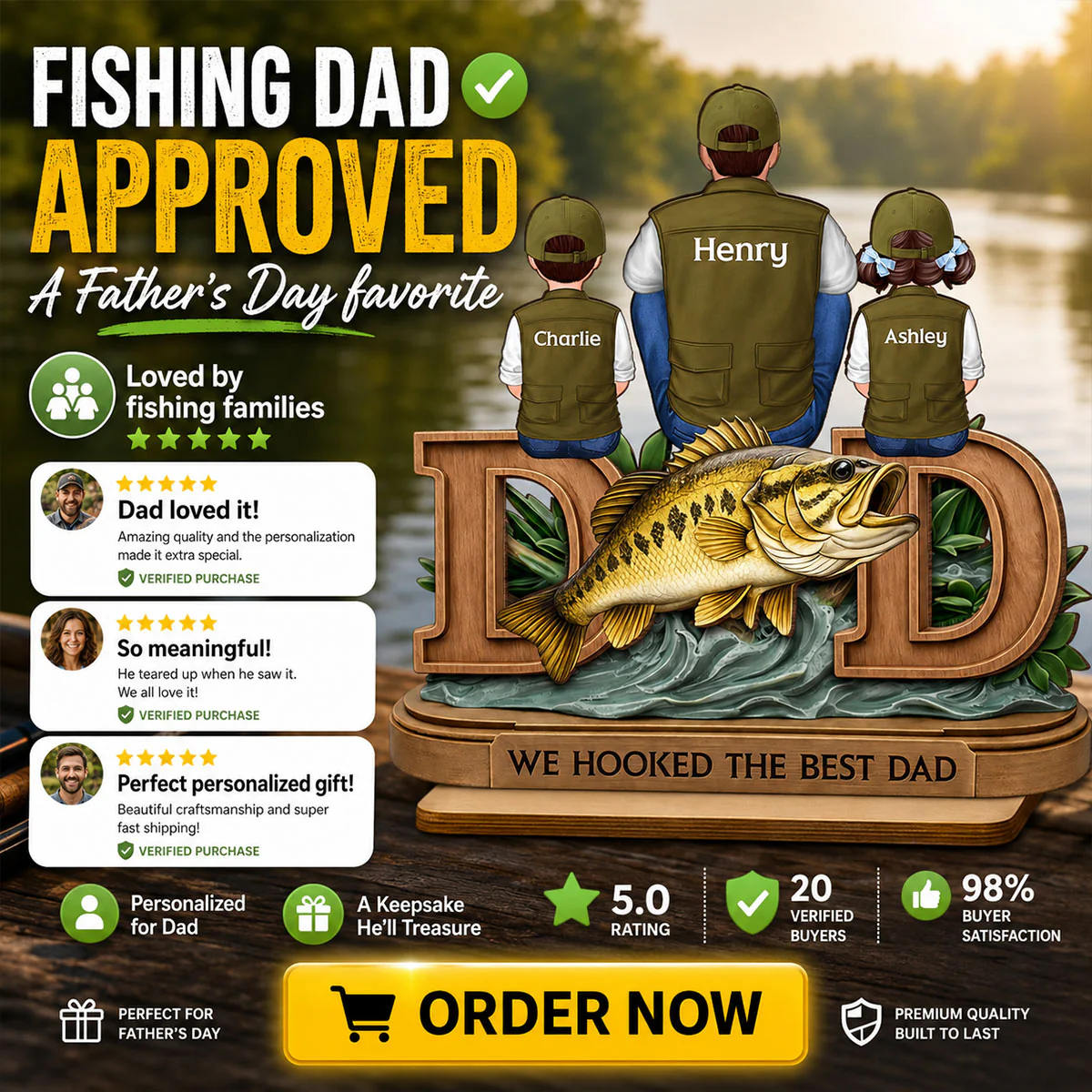 Fishing Dad And Kids Sitting Together - Personalized 2-Layered Wooden Plaque - Heartfelt Gift For Dad, Gift For Husband - Image 12
