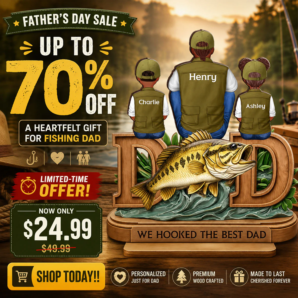 Fishing Dad And Kids Sitting Together - Personalized 2-Layered Wooden Plaque - Heartfelt Gift For Dad, Gift For Husband - Image 13