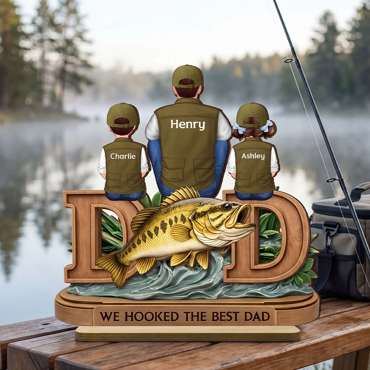 Fishing Dad And Kids Sitting Together - Personalized 2-Layered Wooden Plaque - Heartfelt Gift For Dad, Gift For Husband - Image 2