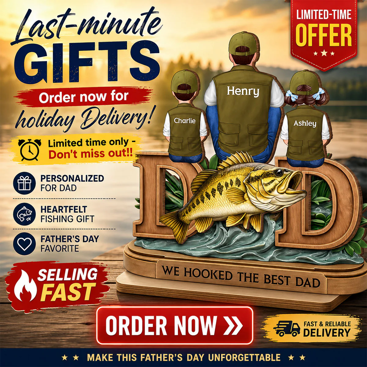Fishing Dad And Kids Sitting Together - Personalized 2-Layered Wooden Plaque - Heartfelt Gift For Dad, Gift For Husband - Image 3