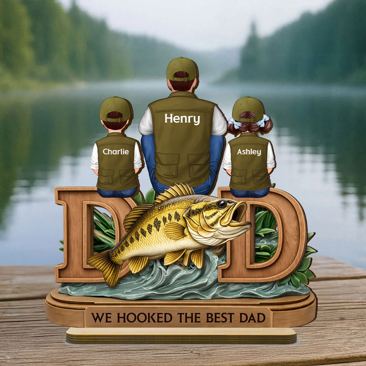 Fishing Dad And Kids Sitting Together - Personalized 2-Layered Wooden Plaque - Heartfelt Gift For Dad, Gift For Husband - Image 4