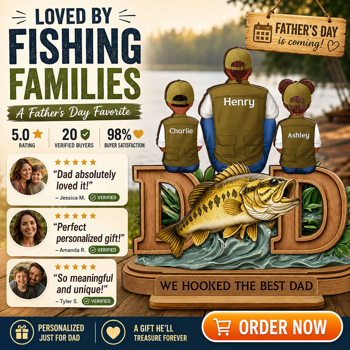 Fishing Dad And Kids Sitting Together - Personalized 2-Layered Wooden Plaque - Heartfelt Gift For Dad, Gift For Husband - Image 5