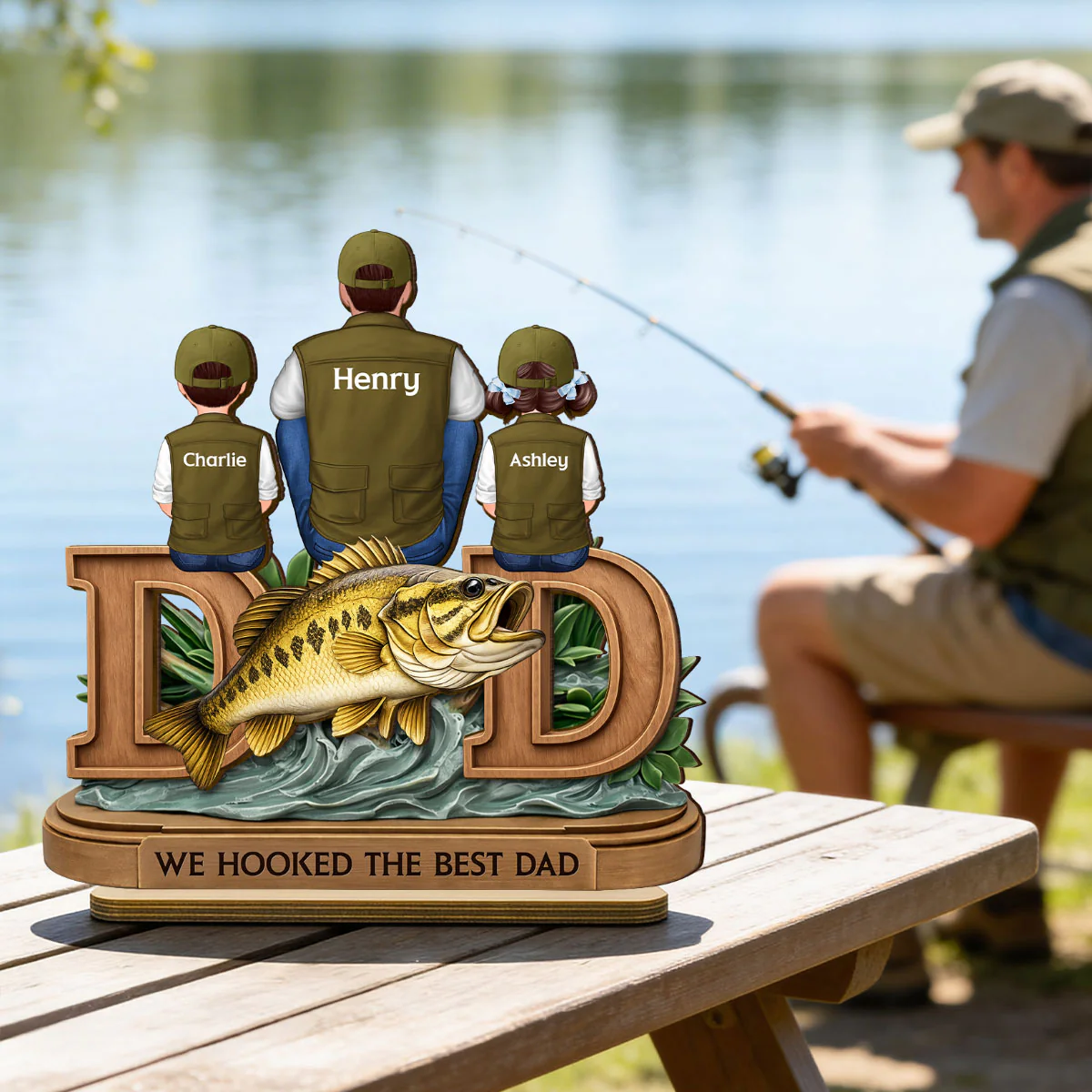 Fishing Dad And Kids Sitting Together - Personalized 2-Layered Wooden Plaque - Heartfelt Gift For Dad, Gift For Husband - Image 6