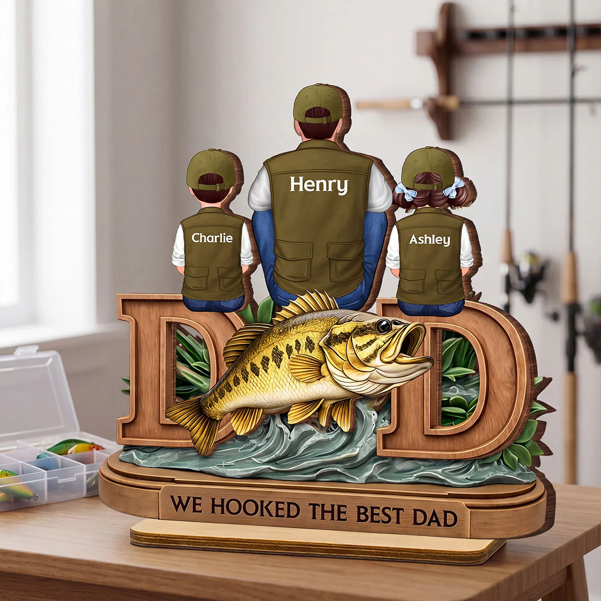 Fishing Dad And Kids Sitting Together - Personalized 2-Layered Wooden Plaque - Heartfelt Gift For Dad, Gift For Husband - Image 7