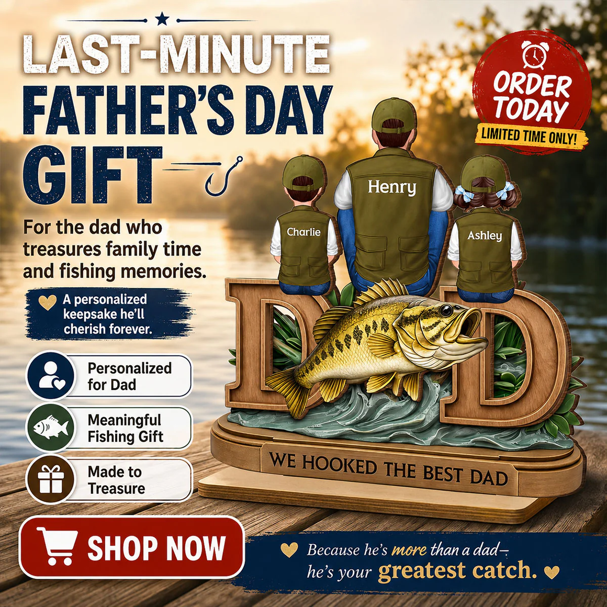 Fishing Dad And Kids Sitting Together - Personalized 2-Layered Wooden Plaque - Heartfelt Gift For Dad, Gift For Husband - Image 8
