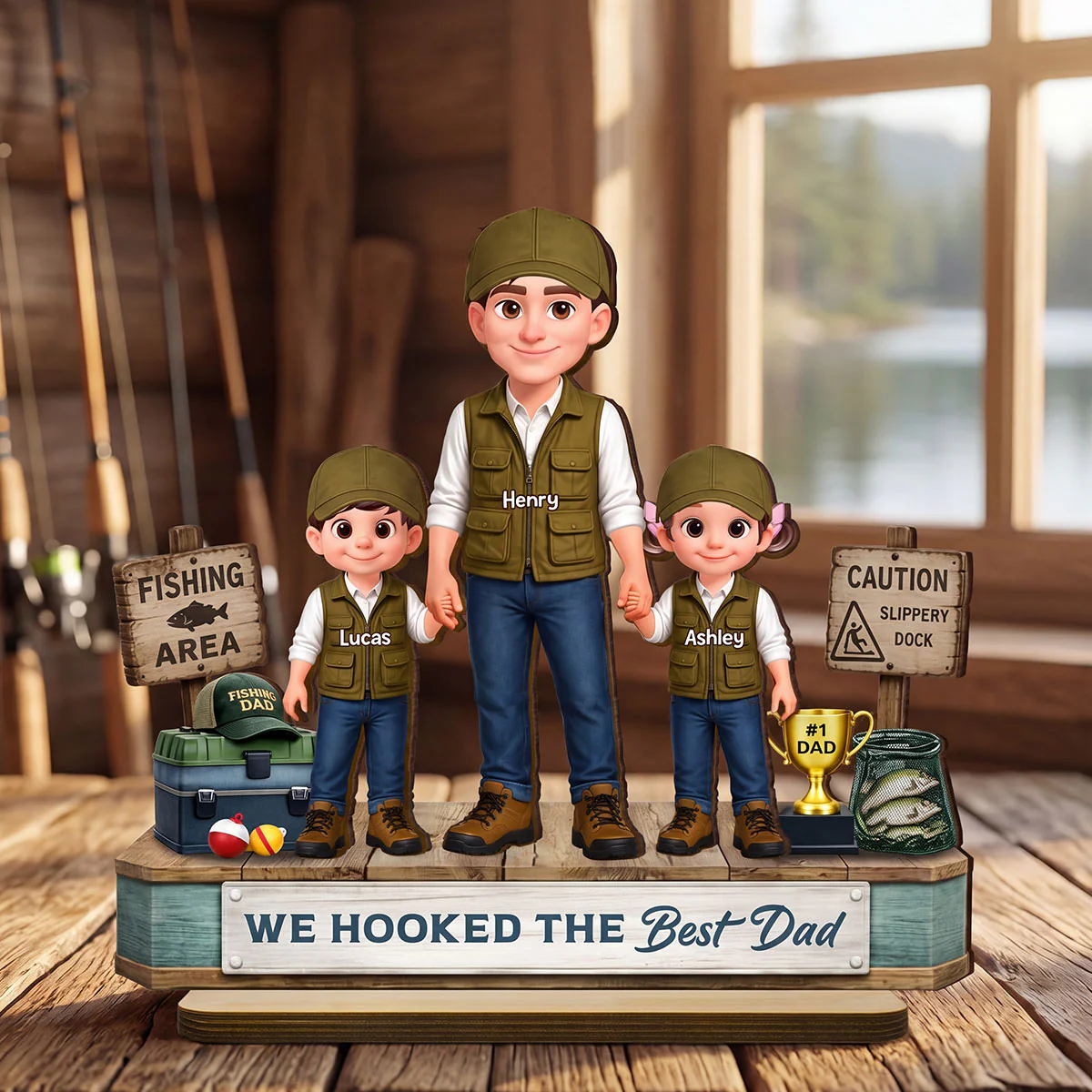 Fishing Dad And Kids We Hooked The Best Dad - Personalized 2-Layered Wooden Plaque - Heartfelt Gift For Dad, Gift For Husband - Image 4