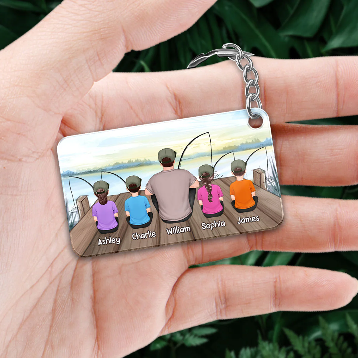 Fishing Dad Grandpa Sitting Back View Lake Personalized Acrylic Keychain - Image 2