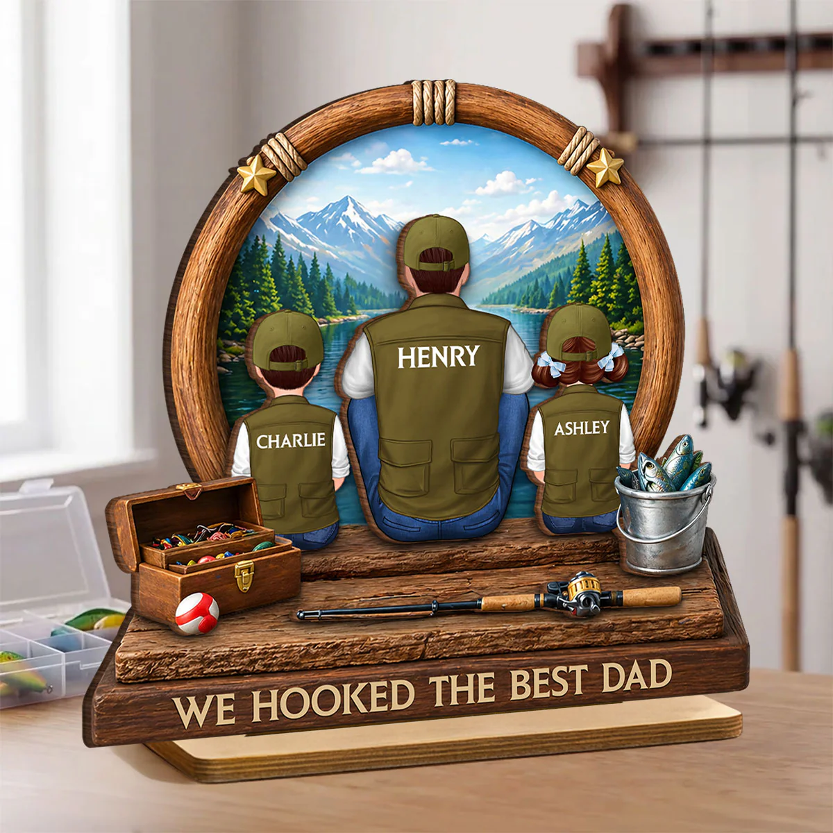 Fishing Dad Kids Mountain Lake - Personalized 2-Layered Wooden Plaque - Heartfelt Gift For Fishing Dad, Gift For Husband - Image 2