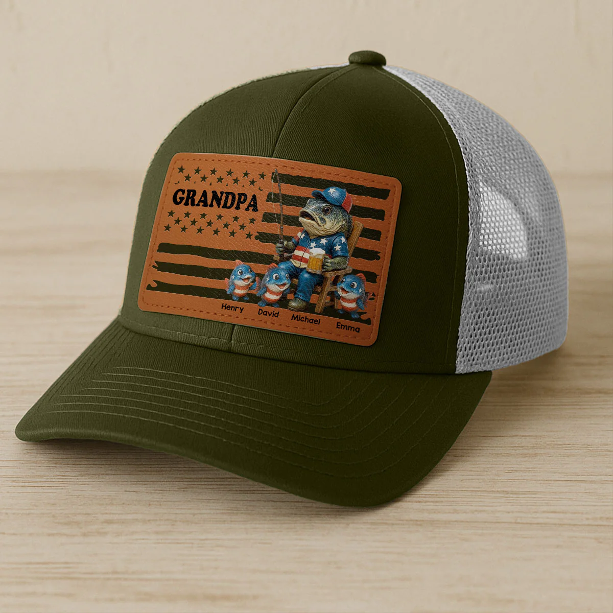 Fishing Dad Nation Flag Personalized Leather Patch Hat, Father's Day gift - Image 2