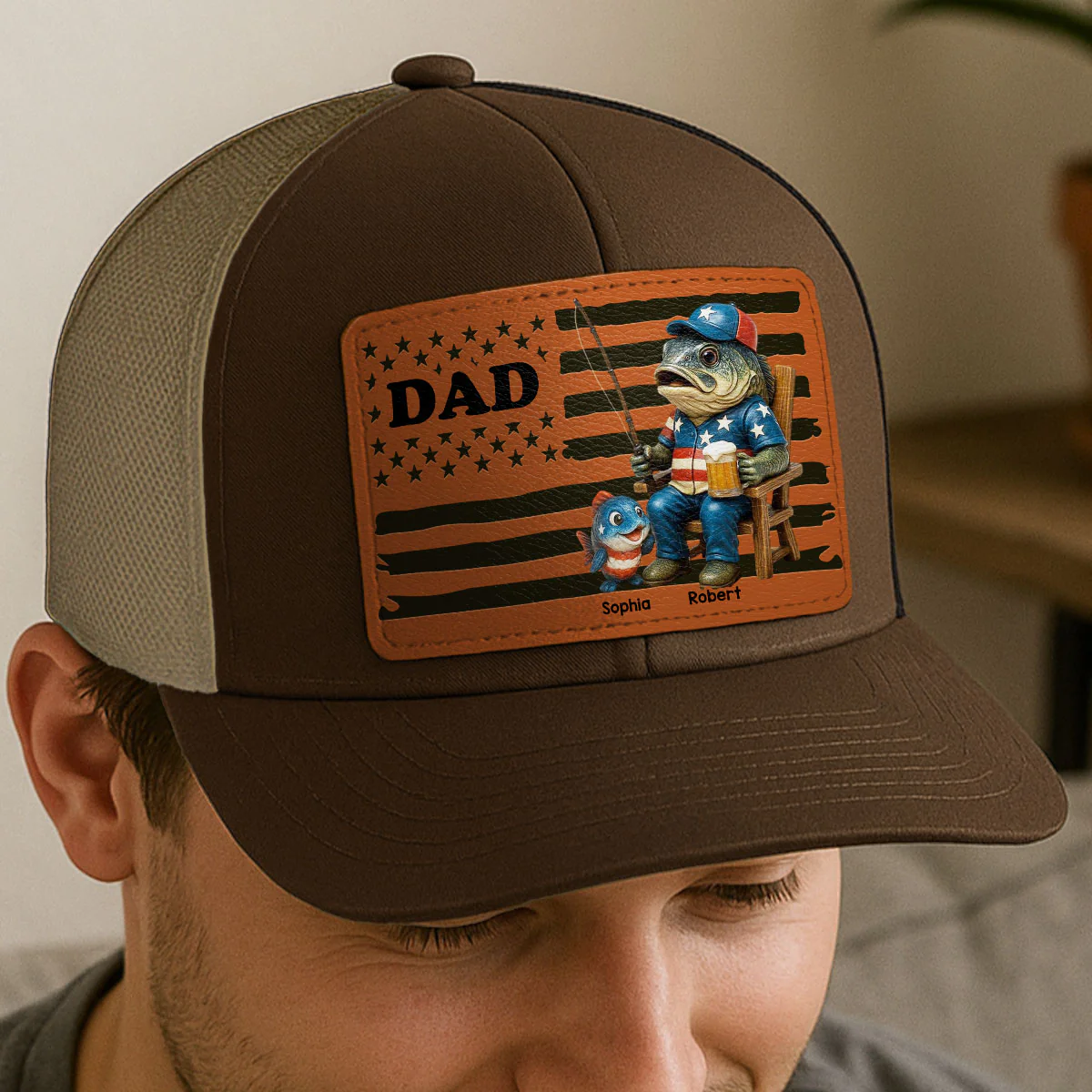 Fishing Dad Nation Flag Personalized Leather Patch Hat, Father's Day gift - Image 3