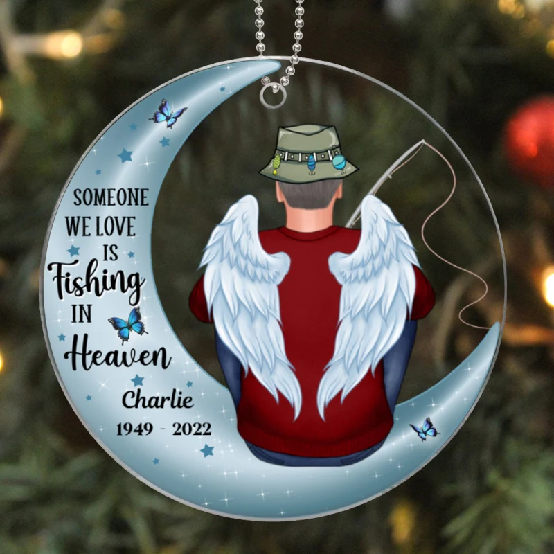 Fishing In Heaven Memorial Keepsake Moon Personalized Acrylic Ornament - Image 5