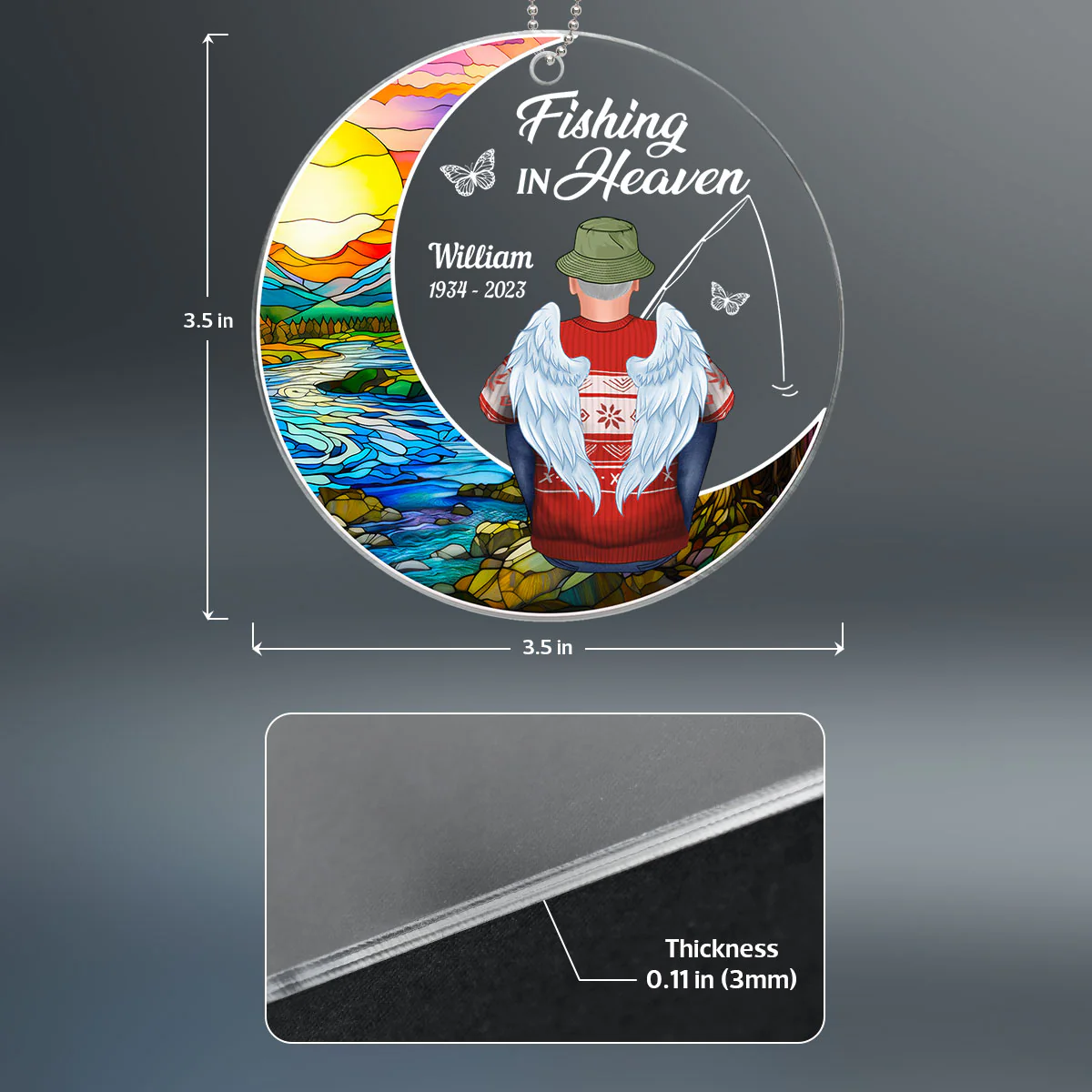 Fishing In Heaven Stained Glass Moon Memorial Keepsake Personalized Acrylic Ornament - Image 4
