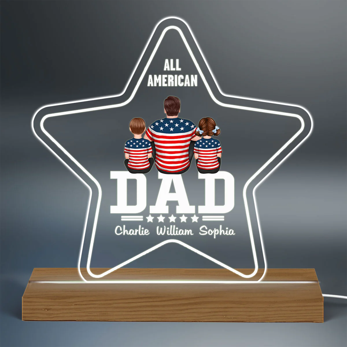 Five - Star Dad All American Dad Back View Man & Kids Dog Cat Personalized Custom Shape Acrylic Plaque With Warm LED Night Light - Image 3