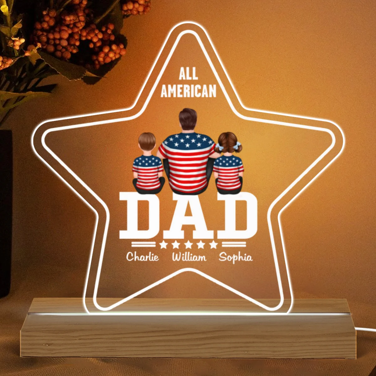 Five - Star Dad All American Dad Back View Man & Kids Dog Cat Personalized Custom Shape Acrylic Plaque With Warm LED Night Light - Image 4
