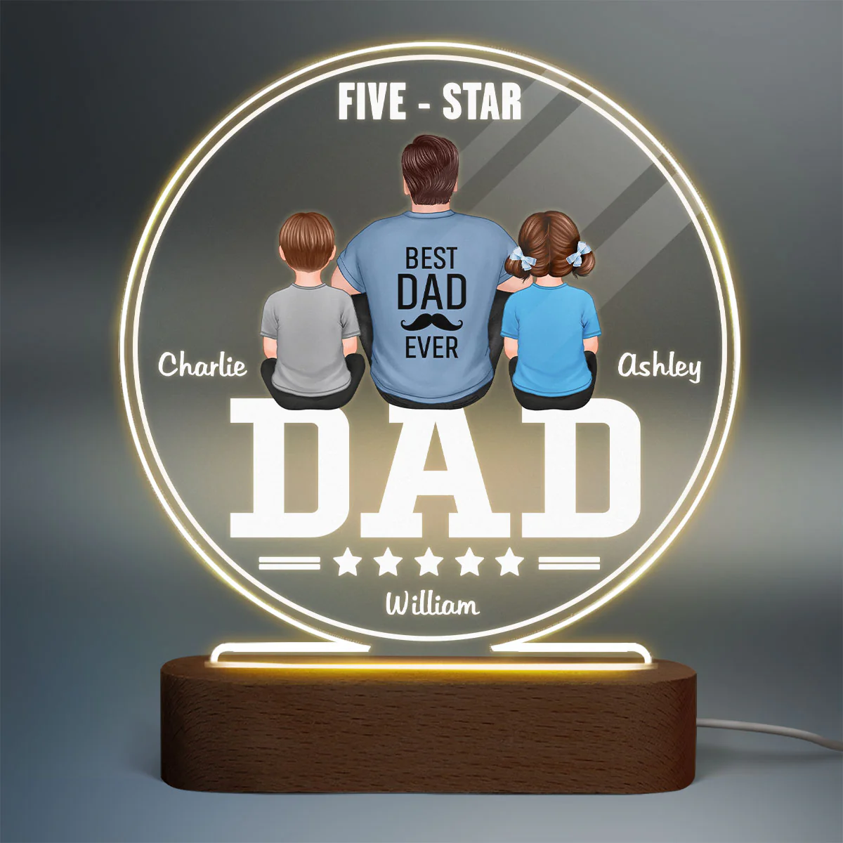 Five - Star Dad Back View Dad And Kids Personalized Acrylic Circle LED Night Light - Image 2