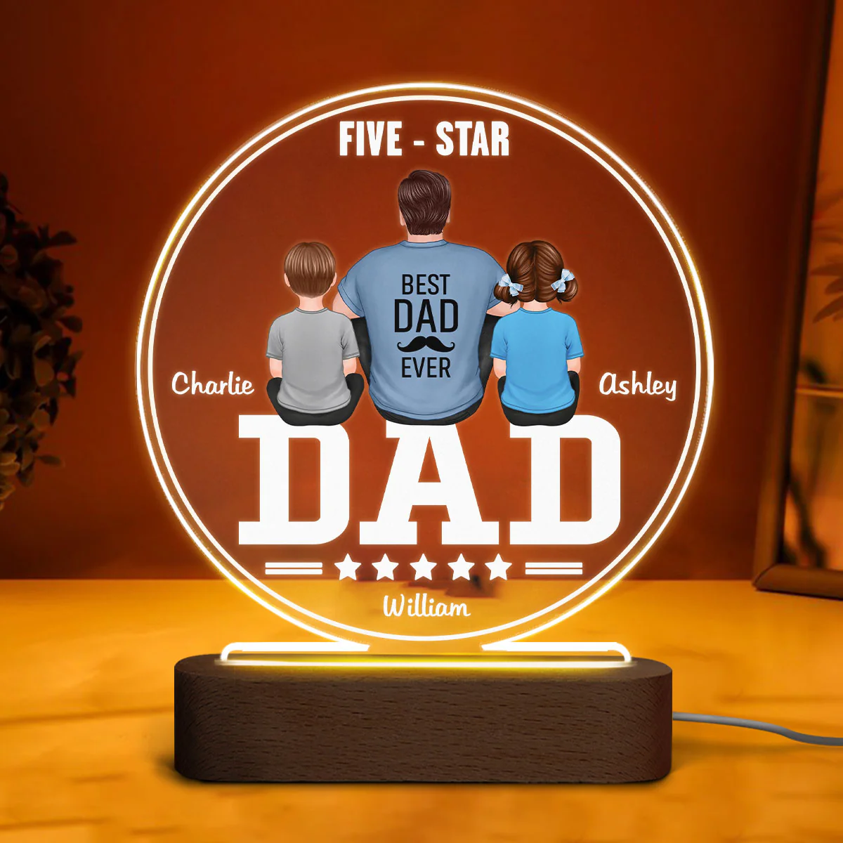 Five - Star Dad Back View Dad And Kids Personalized Acrylic Circle LED Night Light - Image 3