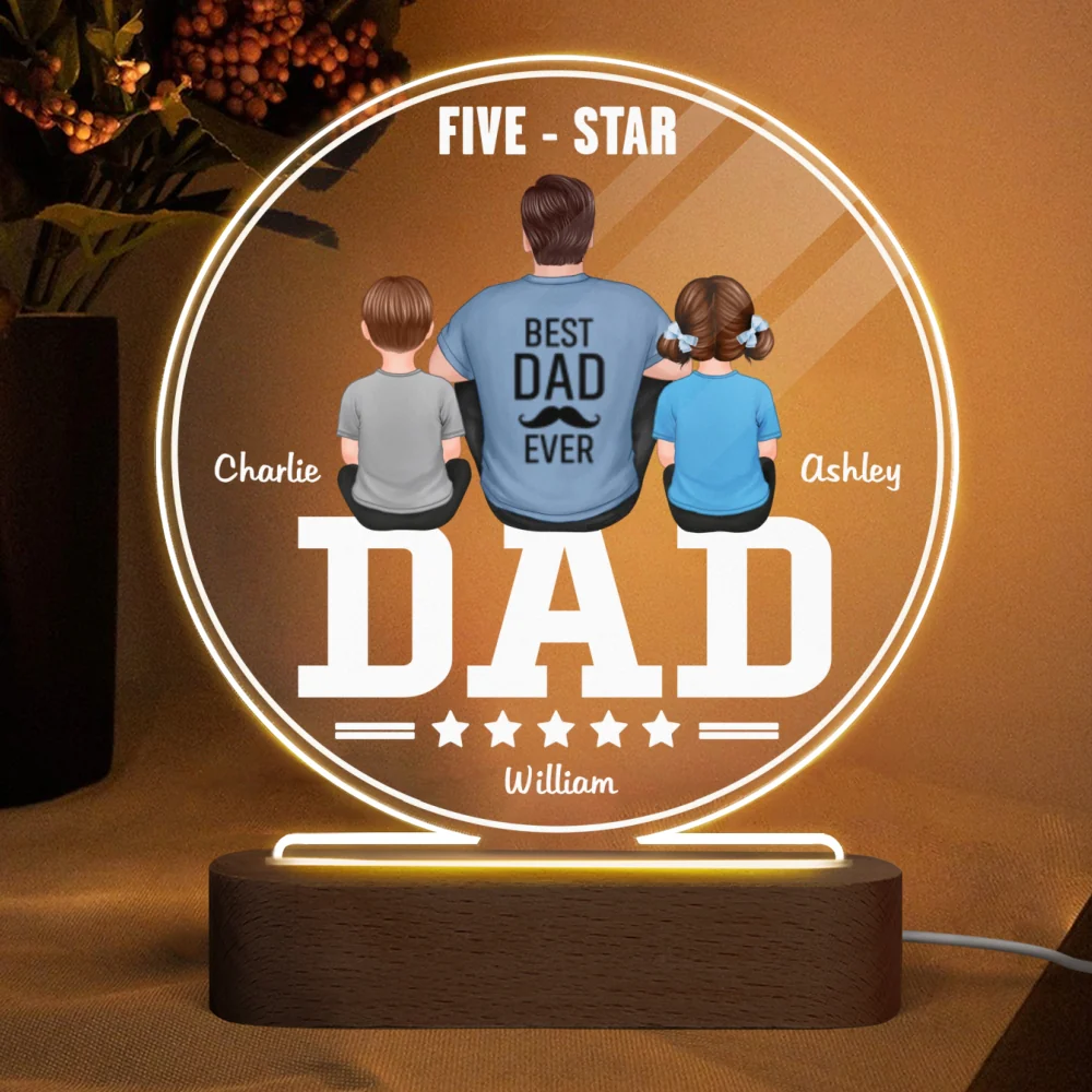 Five - Star Dad Back View Dad And Kids Personalized Acrylic Circle LED Night Light - Image 4