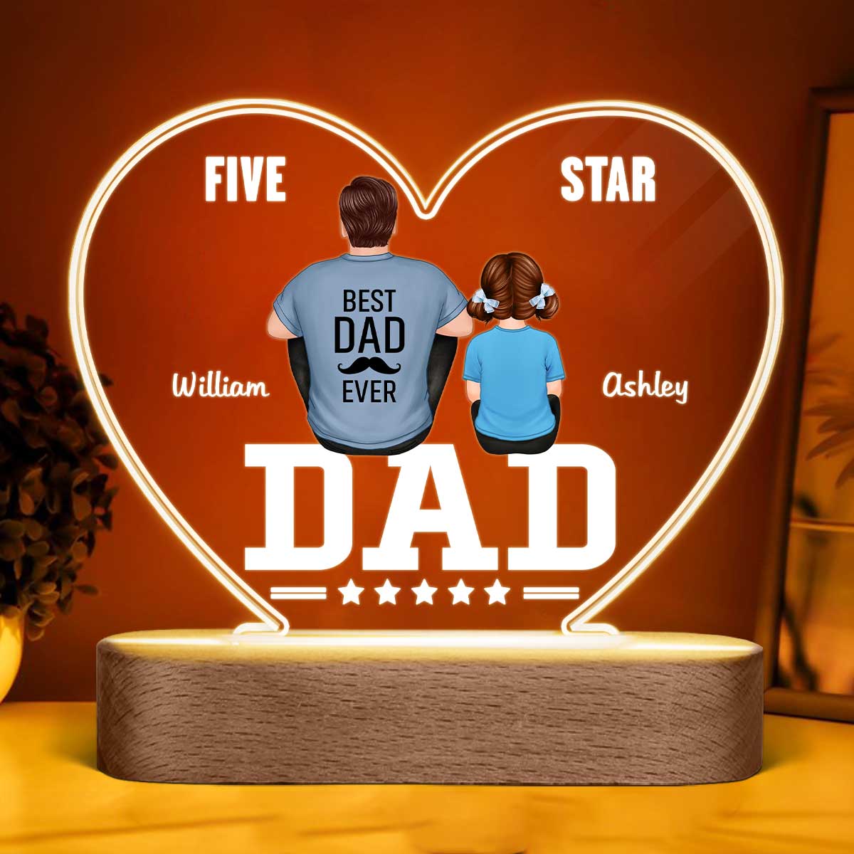 Five - Star Dad Back View Dad And Kids Personalized Acrylic Heart LED Night Light