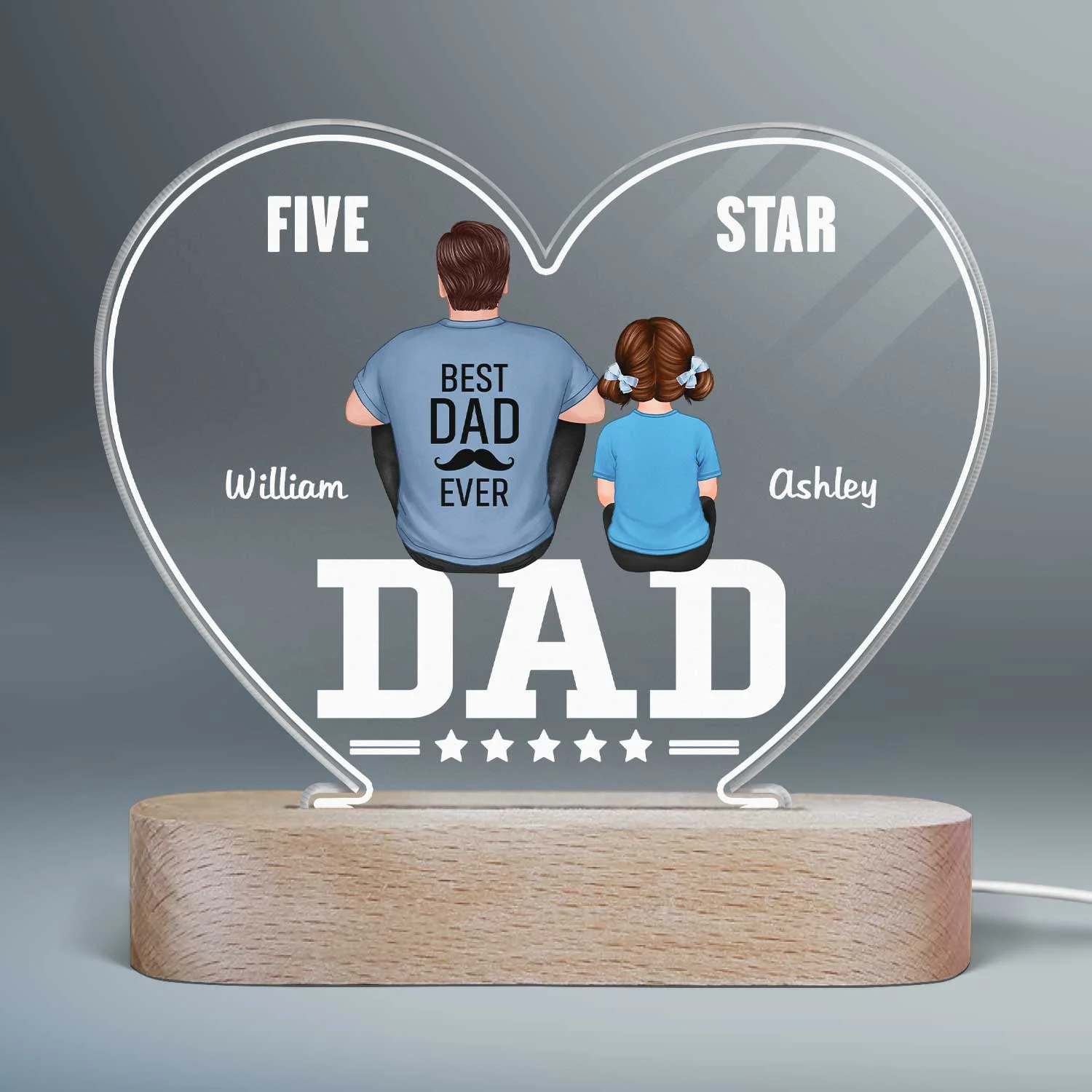 Five - Star Dad Back View Dad And Kids Personalized Acrylic Heart LED Night Light - Image 3