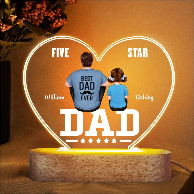 Five - Star Dad Back View Dad And Kids Personalized Acrylic Heart LED Night Light - Image 4
