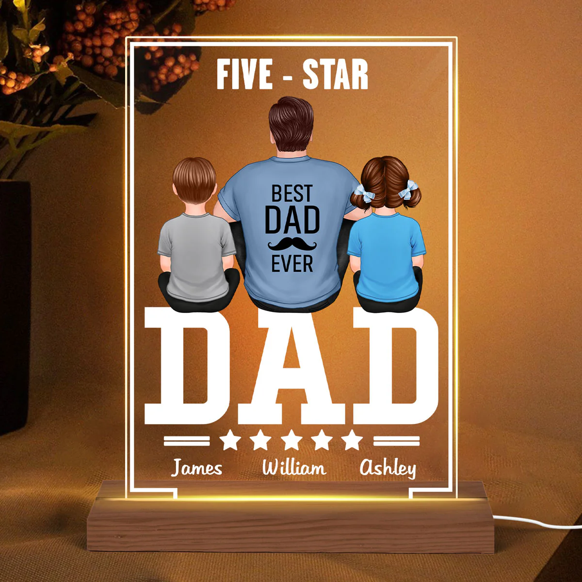 Five - Star Dad Back View Dad And Kids Personalized Rectangle Acrylic Plaque LED Night Light