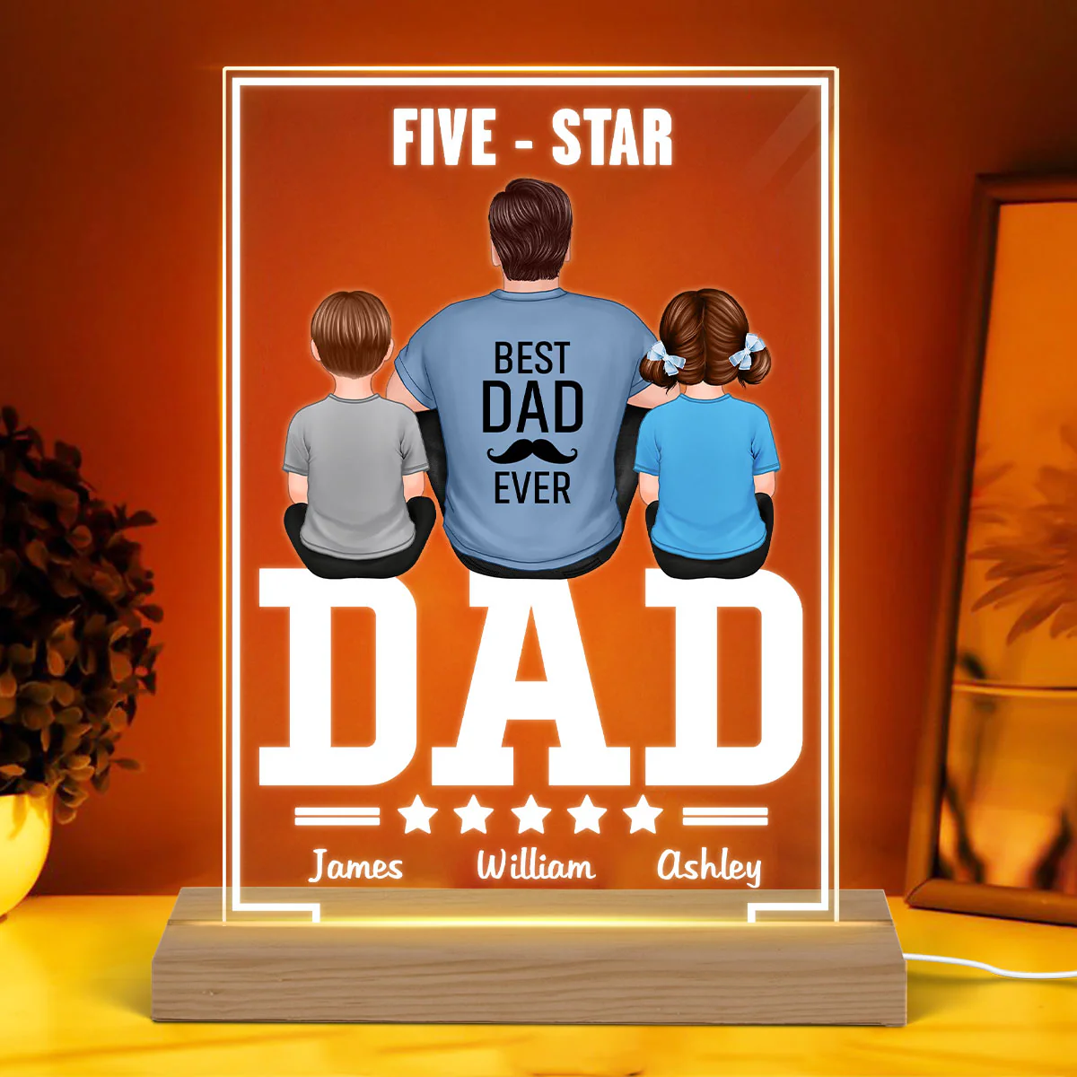 Five - Star Dad Back View Dad And Kids Personalized Rectangle Acrylic Plaque LED Night Light - Image 3