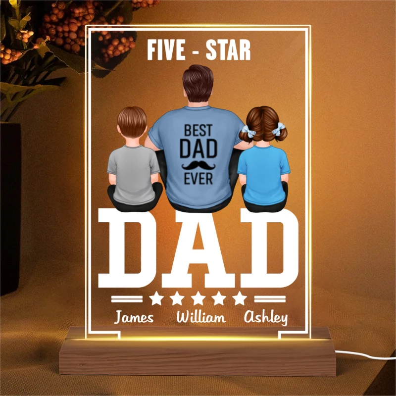 Five - Star Dad Back View Dad And Kids Personalized Rectangle Acrylic Plaque LED Night Light - Image 4
