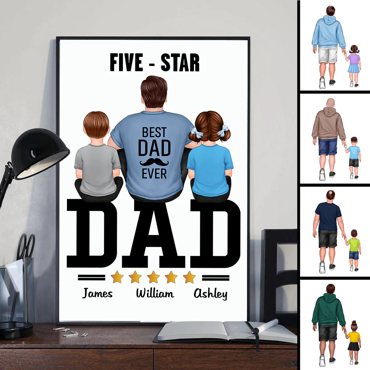 Five - Star Dad Back View Dad And Kids Personalized Vertical Poster - Image 3