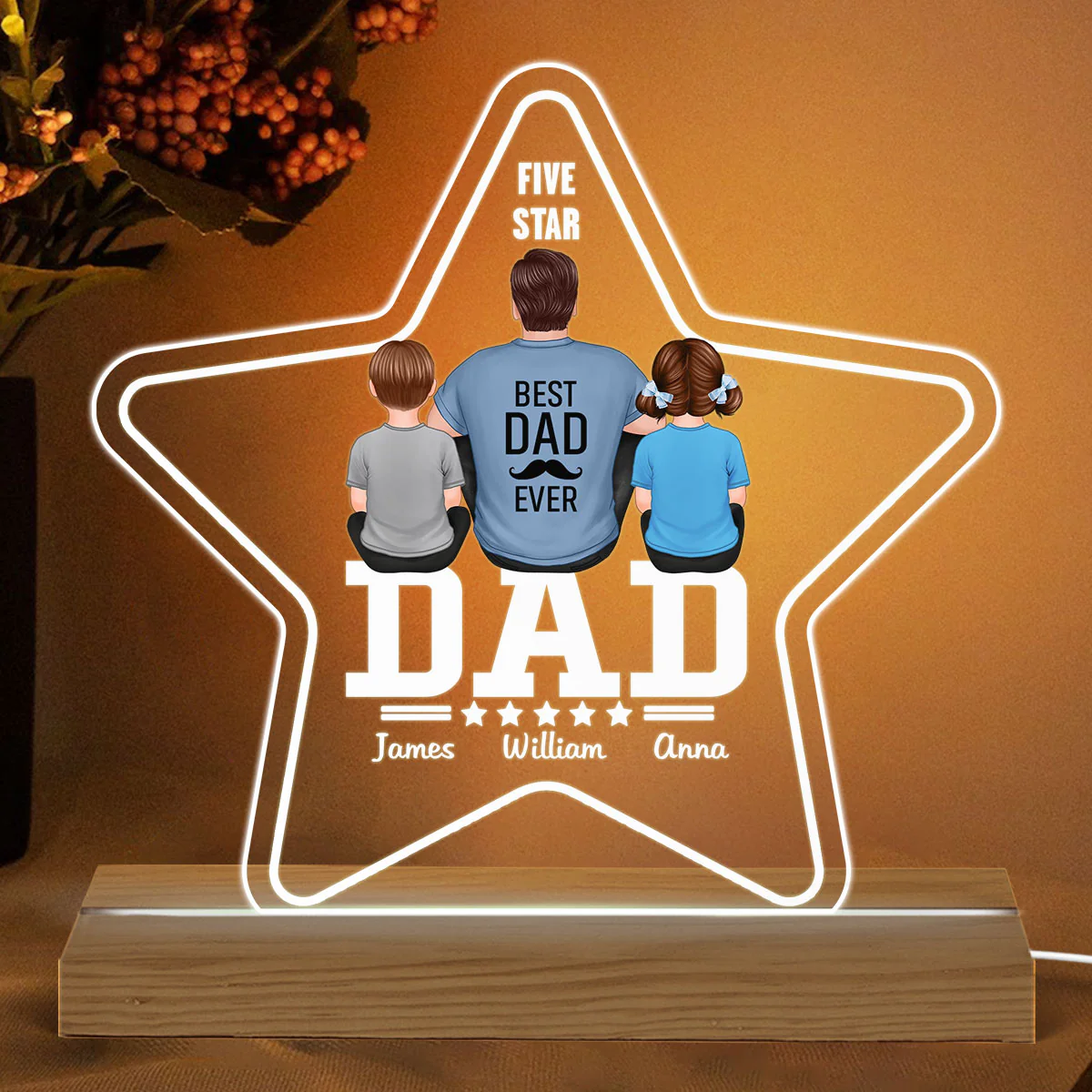 Five - Star Dad Back View Dad And Kids Personalized Warm Acrylic Custom Shape LED Night Light - Image 2