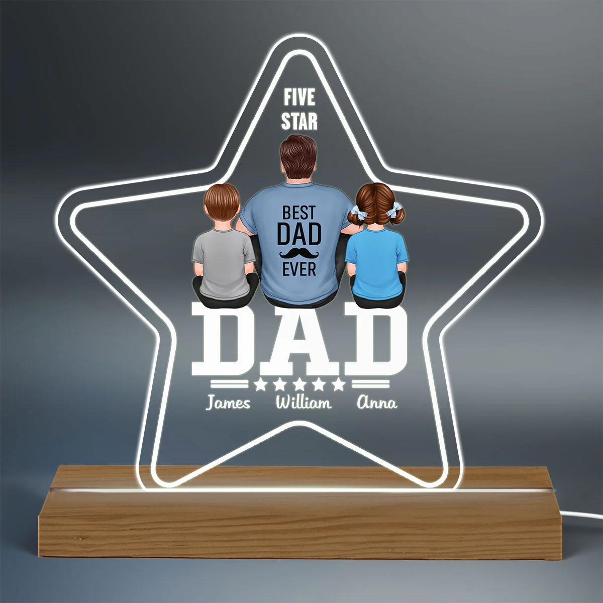 Five - Star Dad Back View Dad And Kids Personalized Warm Acrylic Custom Shape LED Night Light - Image 3