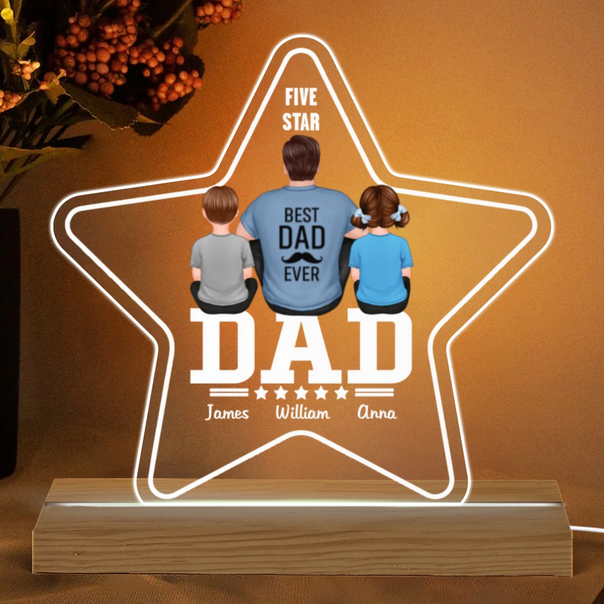 Five - Star Dad Back View Dad And Kids Personalized Warm Acrylic Custom Shape LED Night Light - Image 4