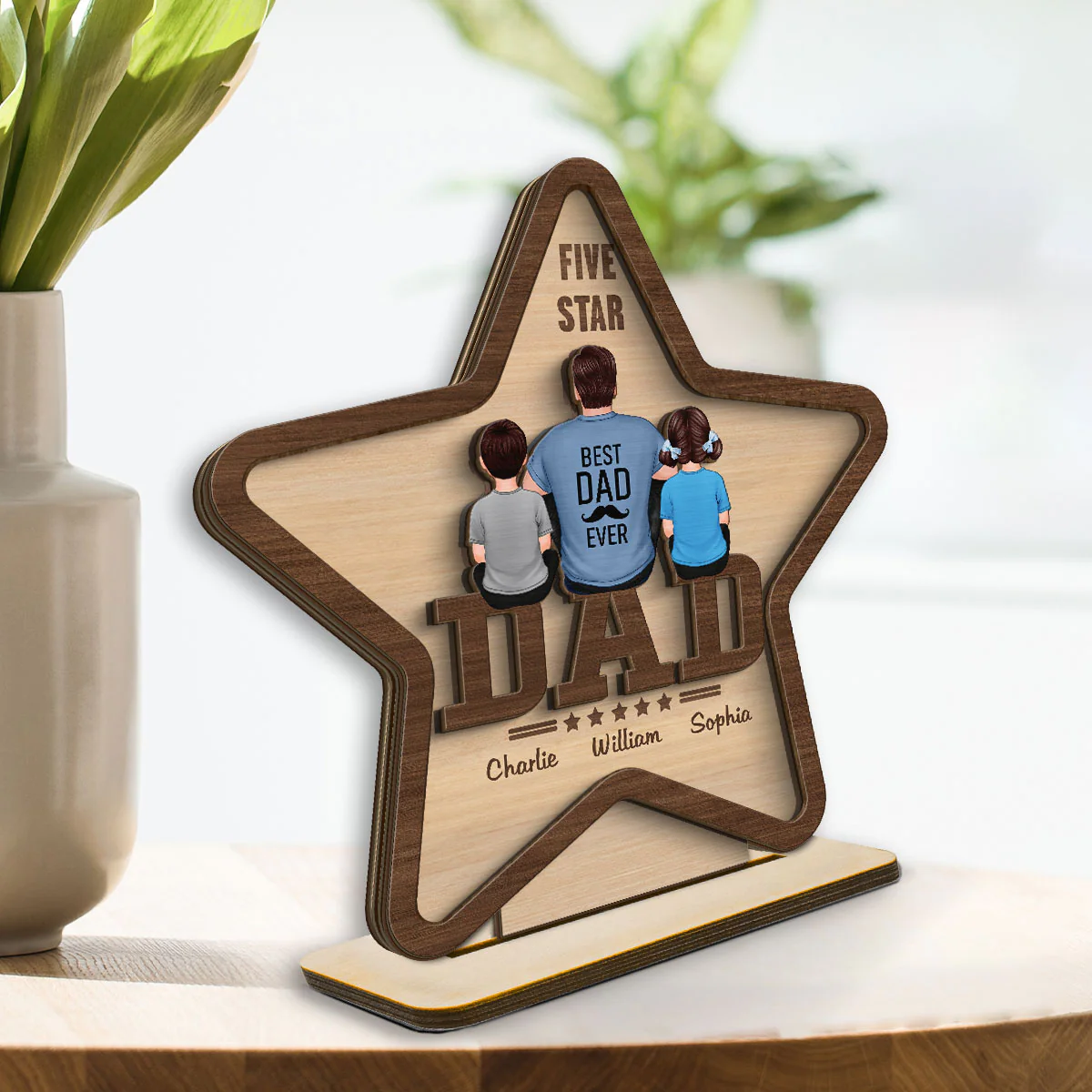 Five - Star Dad Back View Dad And Kids Personalized 2-Layer Standing Wooden Plaque - Image 3