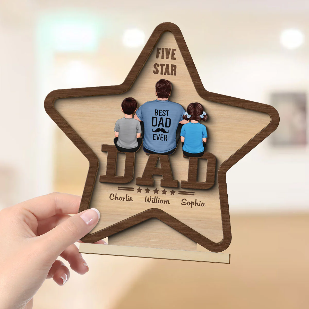 Five - Star Dad Back View Dad And Kids Personalized 2-Layer Standing Wooden Plaque - Image 4