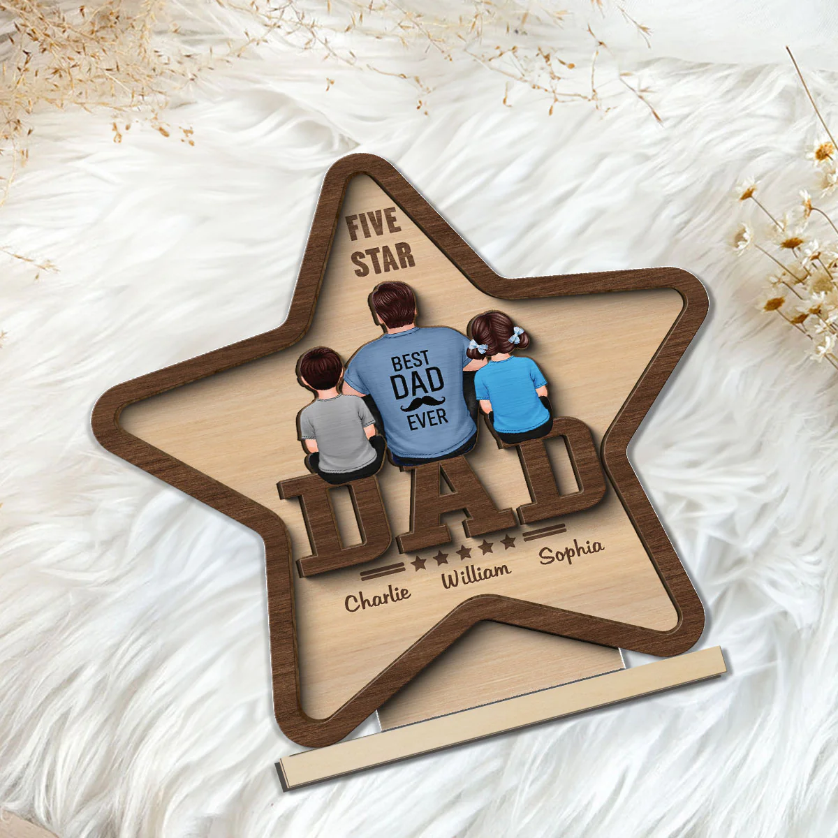 Five - Star Dad Back View Dad And Kids Personalized 2-Layer Standing Wooden Plaque - Image 5