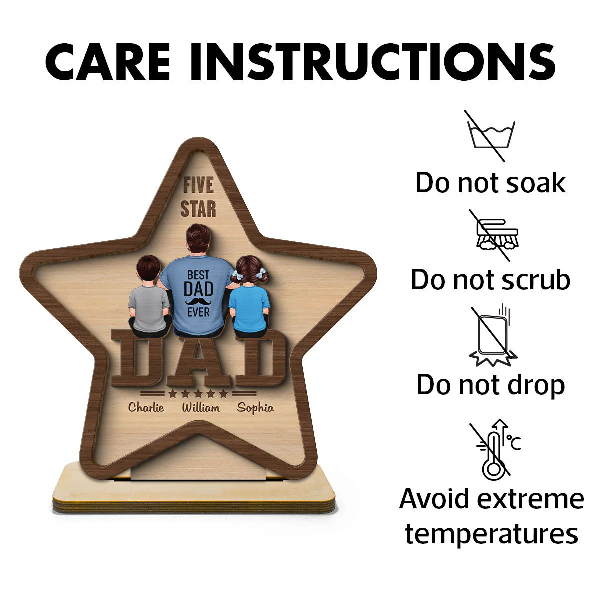 Five - Star Dad Back View Dad And Kids Personalized 2-Layer Standing Wooden Plaque - Image 7