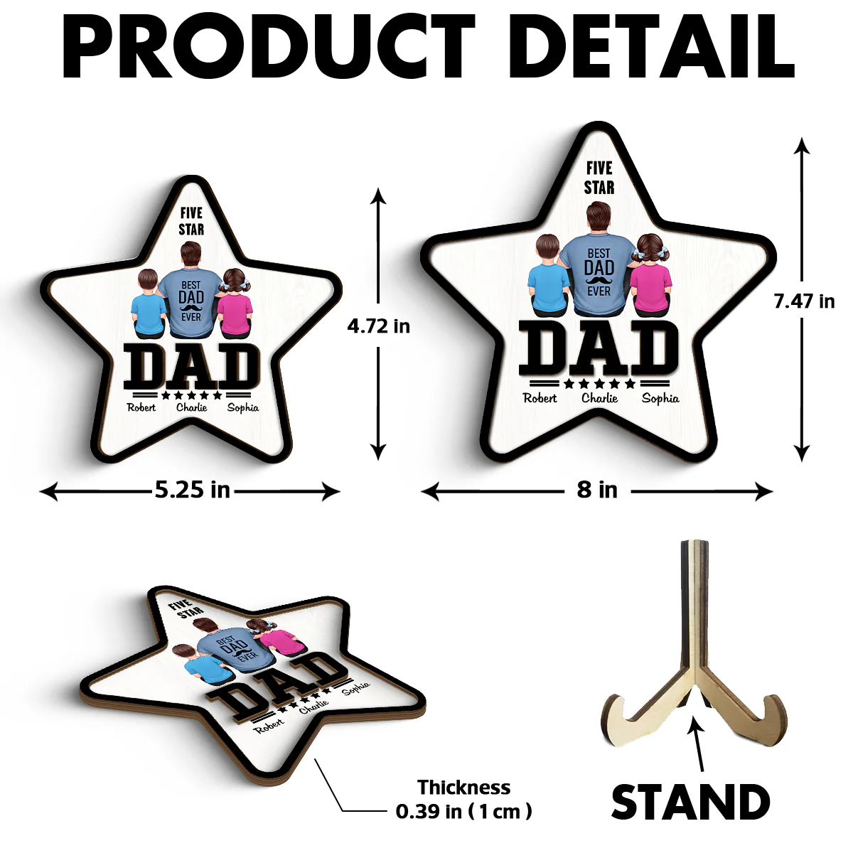 Five - Star Dad Back View Dad And Kids Personalized 2-Layer Wooden Plaque - Image 6