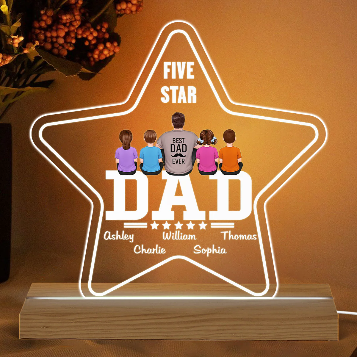 Five - Star Dad Back View Sitting Man Kids Dog Cat Personalized Warm Acrylic Custom Shape LED Night Light - Image 2